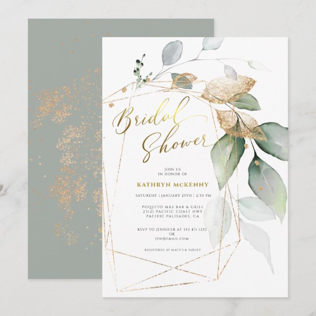 Invitation Eucalyptus d'or géométrique Fête des mariées verte (Devant / Derrière)