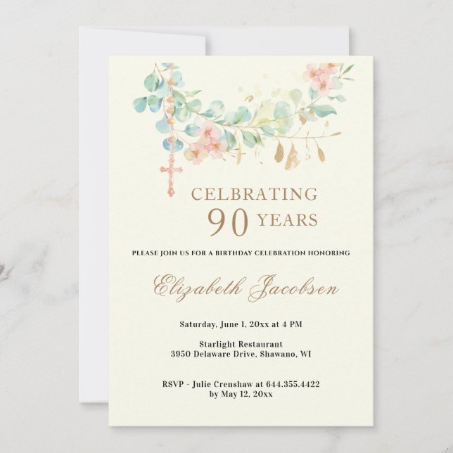 Invitation Eucalyptus Ecriture d'anniversaire religieuse Rosa (Devant)