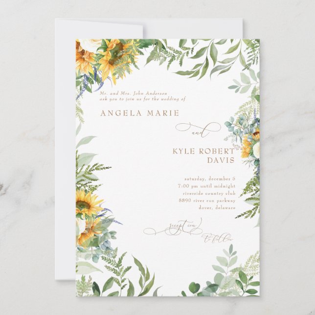 Invitation Eucalyptus Elegance tournesol Mariage blanc (Devant)