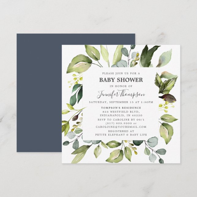 Invitation Eucalyptus élégant avec Baby shower verdoyant (Devant / Derrière)