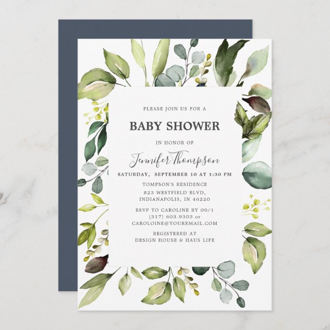 Invitation Eucalyptus élégant avec Baby shower verdoyant (Devant / Derrière)