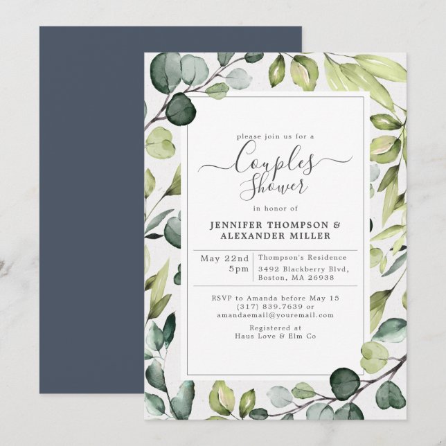 Invitation Eucalyptus Élégant Avec Couples Verdoyants Douche (Devant / Derrière)