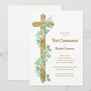 Invitation Eucalyptus Élégant et Première Communion croix