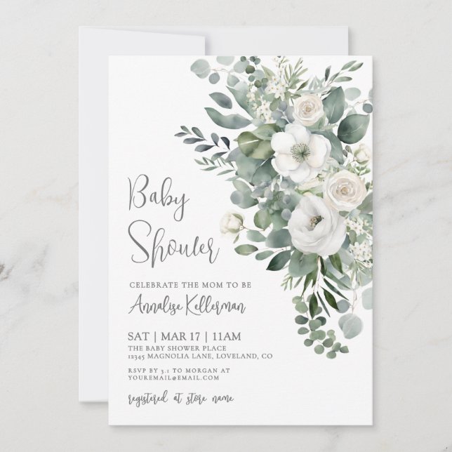 Invitation Eucalyptus Elegant Floral Baby Shower (Devant)