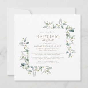 Invitation Eucalyptus encadré Baptême simple et élégante de l