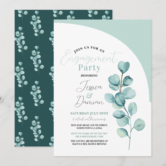 Invitation Eucalyptus Engagement Party Couples Feuilles de do (Devant / Derrière)