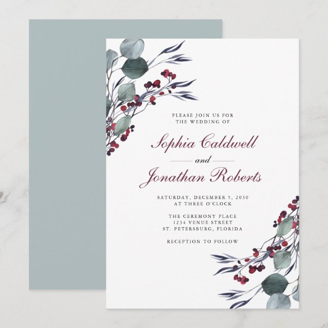 Invitation Eucalyptus et baies Holly Mariage d'hiver (Devant / Derrière)