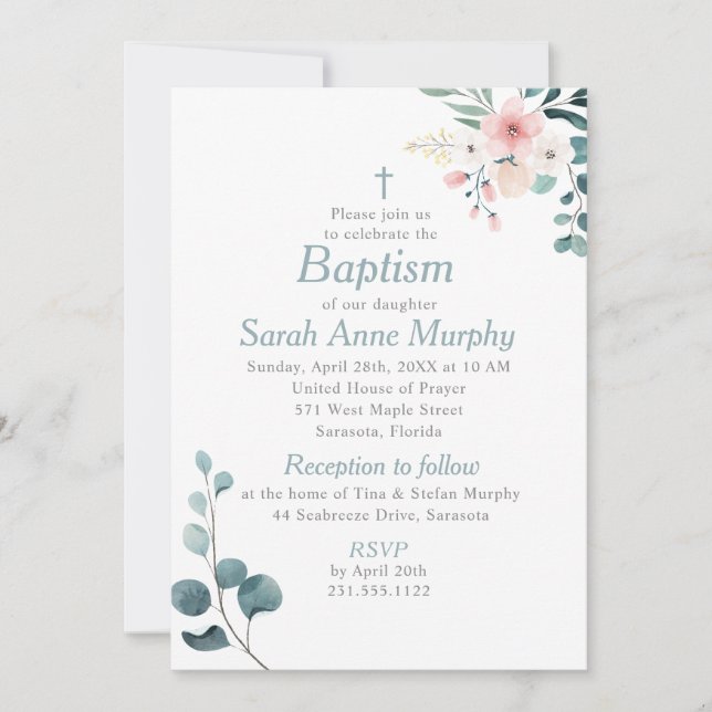 Invitation Eucalyptus et Baptême de fleurs roses (Devant)