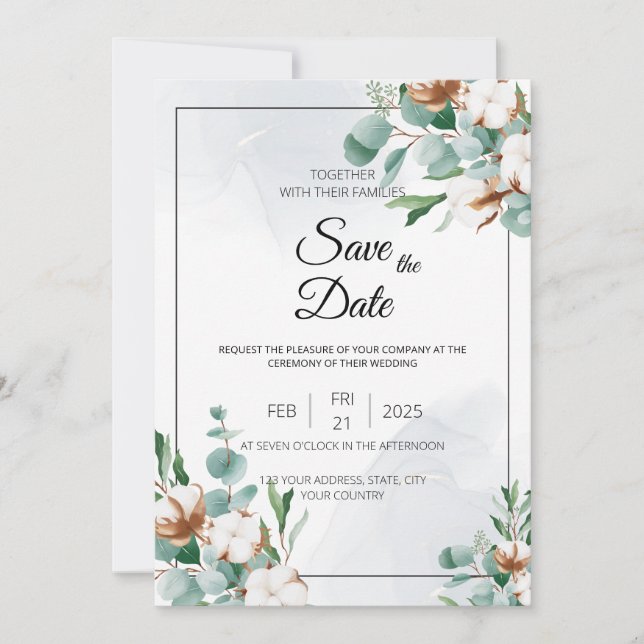 Invitation Eucalyptus et Bliss de coton (Devant)