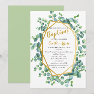 Invitation Eucalyptus et cadre doré Baptême floral vert