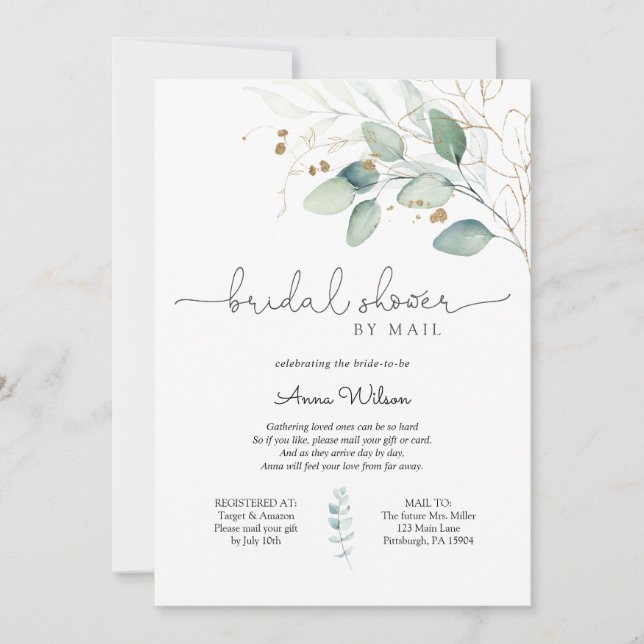 Invitation Eucalyptus et Fête des mariées or par courrier (Devant)