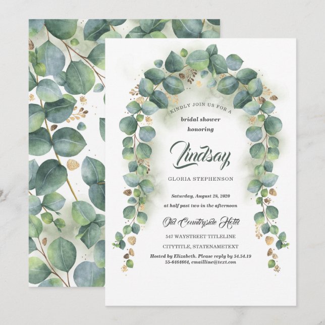 Invitation Eucalyptus et Gold Greenery Fête des mariées Garla (Devant / Derrière)