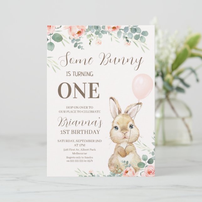 Invitation Eucalyptus et rose florale Un peu de lapin Anniver (Debout devant)