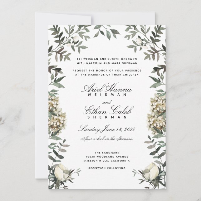 Invitation Eucalyptus Ferns White Flowers Archway Wedding  (Devant)