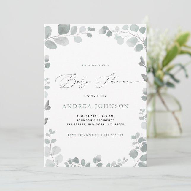 Invitation Eucalyptus Feuille Baby shower fille (Debout devant)