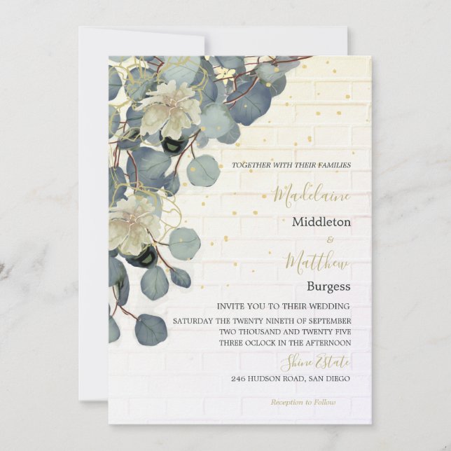 Invitation Eucalyptus Feuille Floral Brick Rustique Mariage o (Devant)