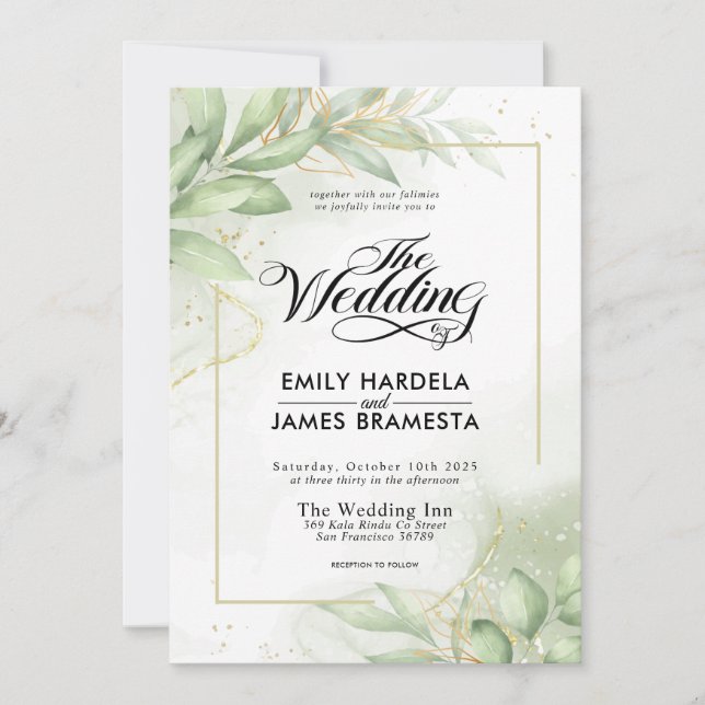 Invitation Eucalyptus Feuille Mariage d'aquarelle or vert (Devant)