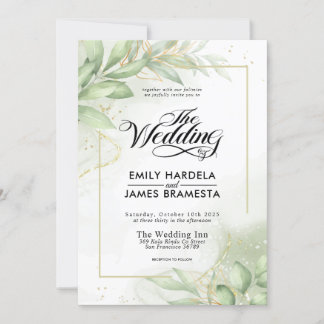 Invitation Eucalyptus Feuille Mariage d'aquarelle or vert