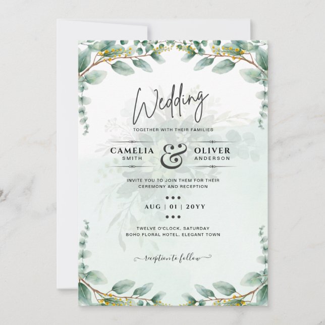 Invitation Eucalyptus Feuille OR MARIAGE QR CODE BUDGET (Devant)