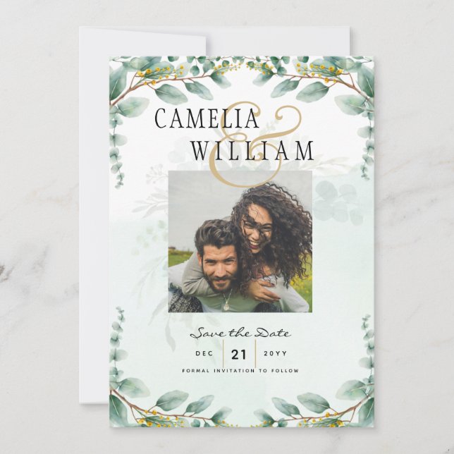 Invitation Eucalyptus Feuille OR MARIAGE QR CODE BUDGET (Devant)