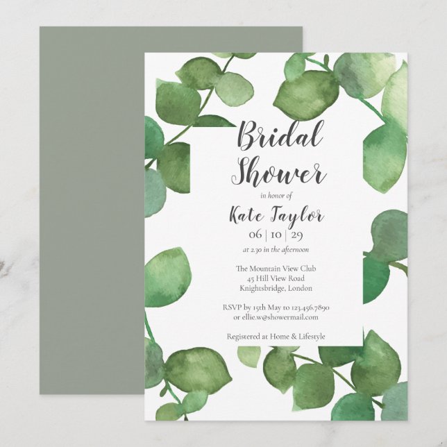 Invitation Eucalyptus Feuille Script nuptiale douche Invitati (Devant / Derrière)