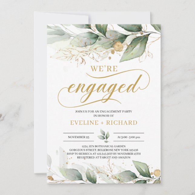 Invitation Eucalyptus feuilles en or vert nous sommes engagés (Devant)