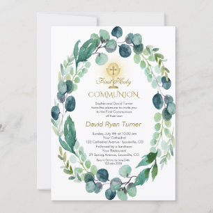 Invitation Eucalyptus Feuilles Wreath Gold Holy Communion