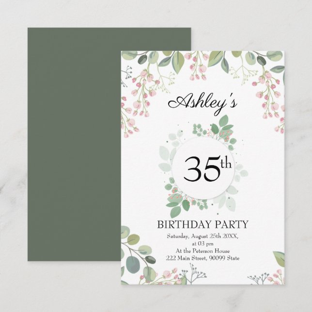 Invitation Eucalyptus Fleurs & Wreath Anniversaire (Devant / Derrière)