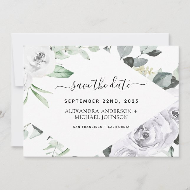 Invitation Eucalyptus Floral blanc Enregistrer la date (Devant)
