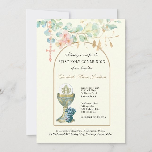Invitation Eucalyptus Floral Catholique Première Communion (Devant)