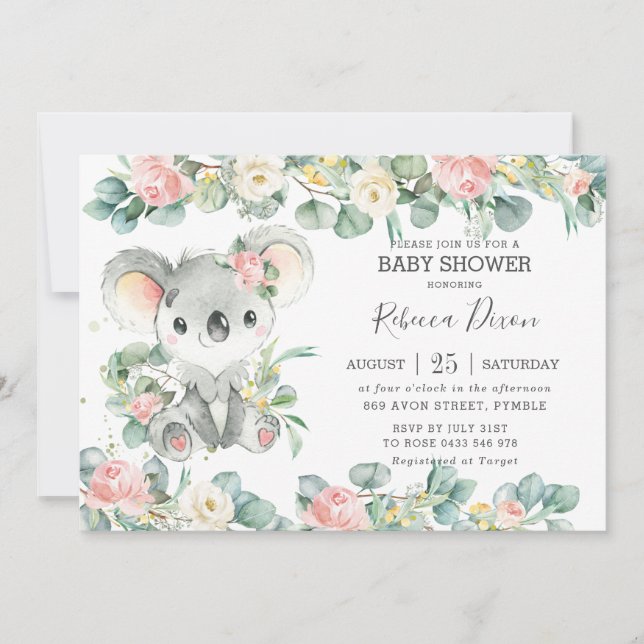 Invitation Eucalyptus Floral Koala Baby shower Girl (Devant)
