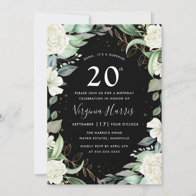 Invitation Eucalyptus Floral Noir Vingt-dixième anniversaire (Devant)