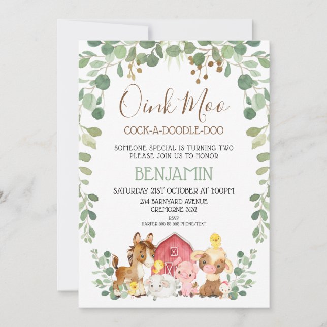 Invitation Eucalyptus Foliage Animaux de ferme Anniversaire (Devant)