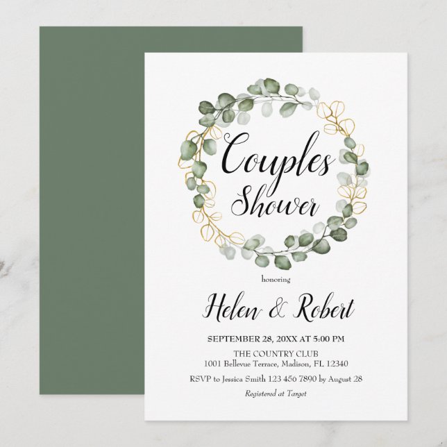 Invitation Eucalyptus Foliage Wreath Couples Douche (Devant / Derrière)