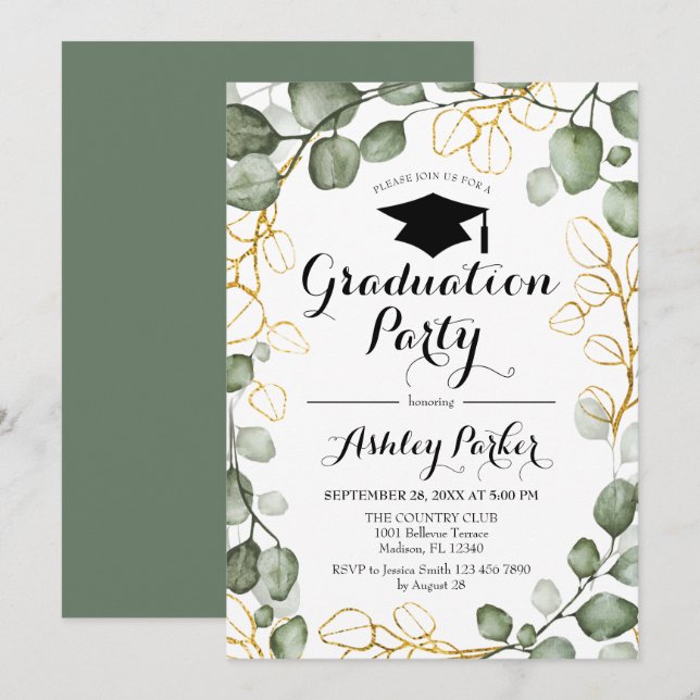 Invitation Eucalyptus Foliage Wreath Graduation Party (Devant / Derrière)