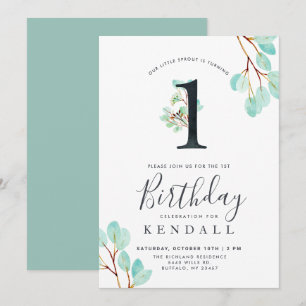 Invitation Eucalyptus frais   Vert Thème 1er anniversaire