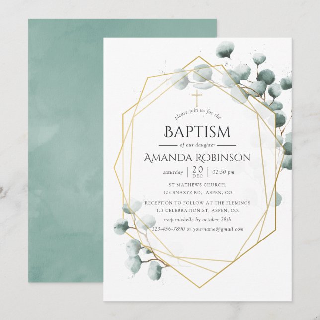 Invitation Eucalyptus géométrique baptême (Devant / Derrière)