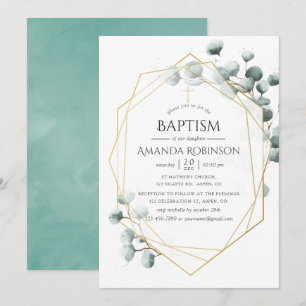 Invitation Eucalyptus géométrique baptême