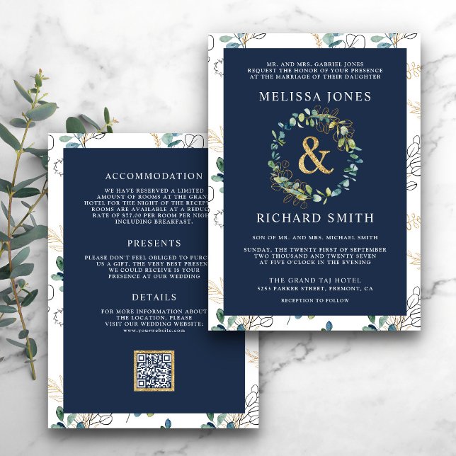 Invitation Eucalyptus Gold Ampersand QR Code Marine Mariage (Créateur téléchargé)