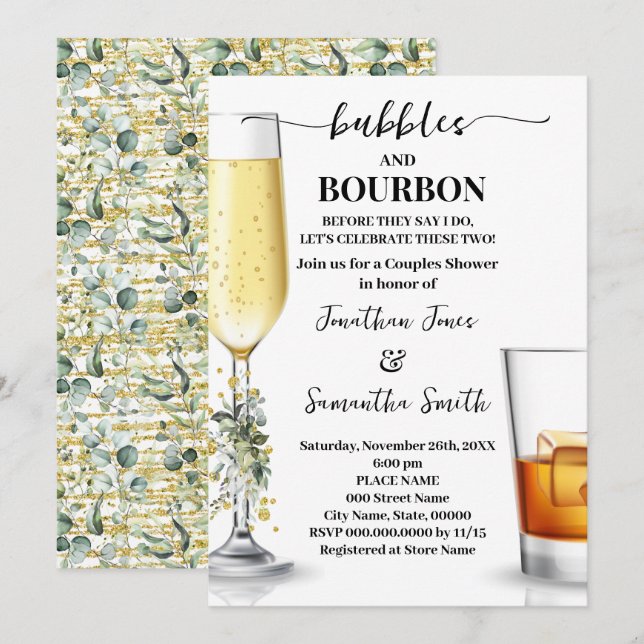 Invitation Eucalyptus Gold Bubbles & Bourbon Couples Douche (Devant / Derrière)