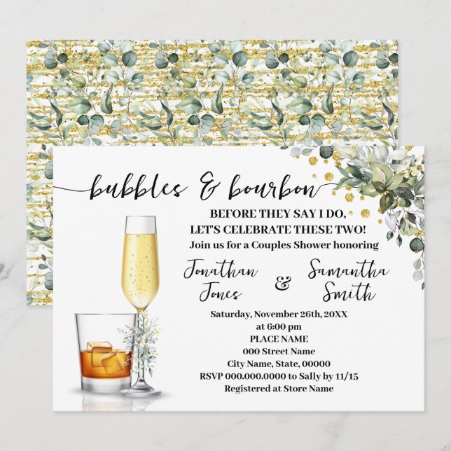 Invitation Eucalyptus Gold Bubbles & Bourbon Couples Douche (Devant / Derrière)