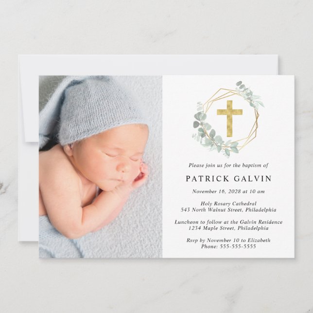 Invitation Eucalyptus Gold Cross Aquarelle Photo Baptême (Devant)