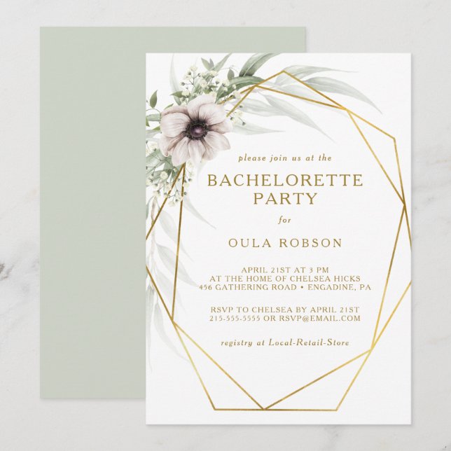 Invitation Eucalyptus Gold Géométrique Bachelortie (Devant / Derrière)