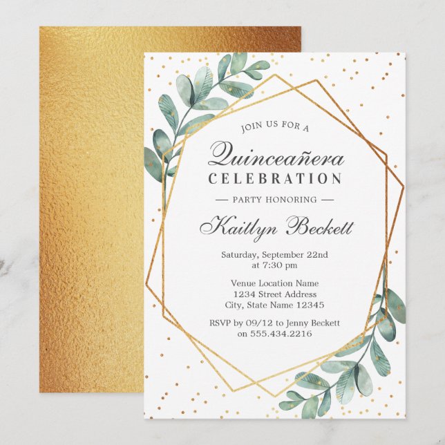 Invitation Eucalyptus Gold Géométrique Quinceañera Anniversai (Devant / Derrière)