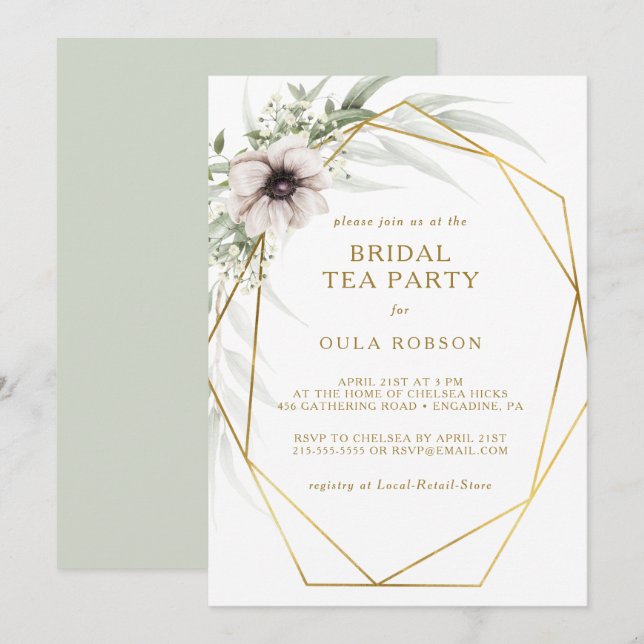 Invitation Eucalyptus Gold Géométrique Tea Party (Devant / Derrière)