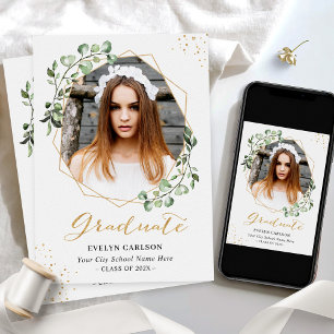 Invitation Eucalyptus Gold Geometry Photo Graduation Party