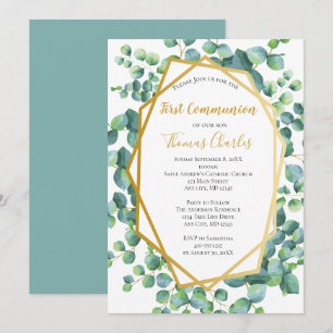 Invitation Eucalyptus Gold Green Boy Girl First Communion