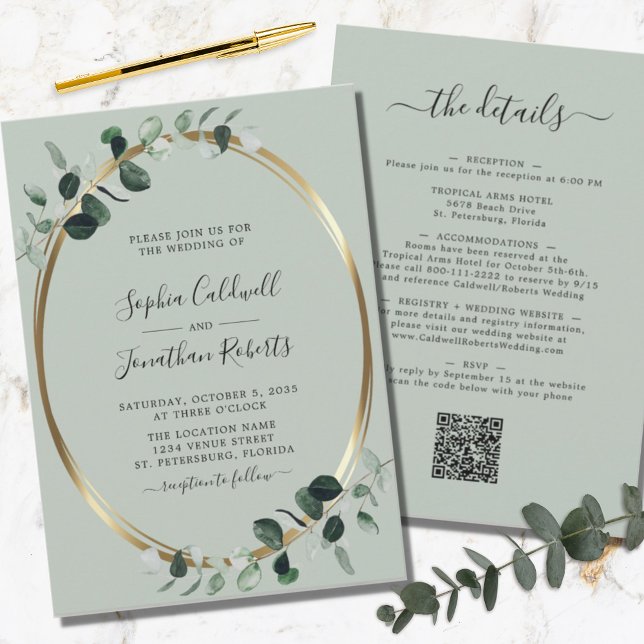 Invitation Eucalyptus Gold Sage All in One Détails Mariage (Créateur téléchargé)