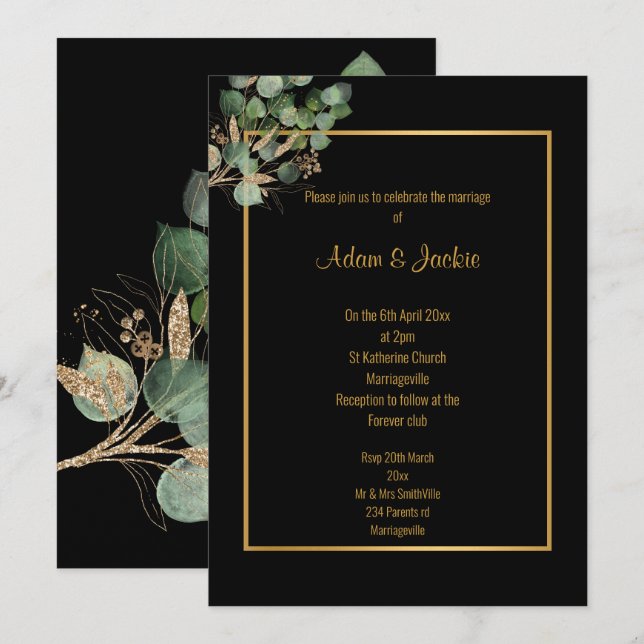 INVITATION EUCALYPTUS GOLD TRIM ÉLÉGANT MARIAGE 2 (Devant / Derrière)