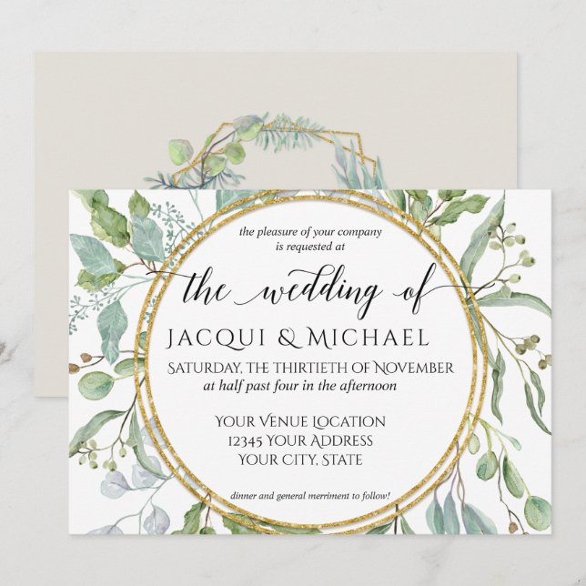Invitation Eucalyptus Gold, Vert n Blanc Mariage de feuillage (Devant / Derrière)
